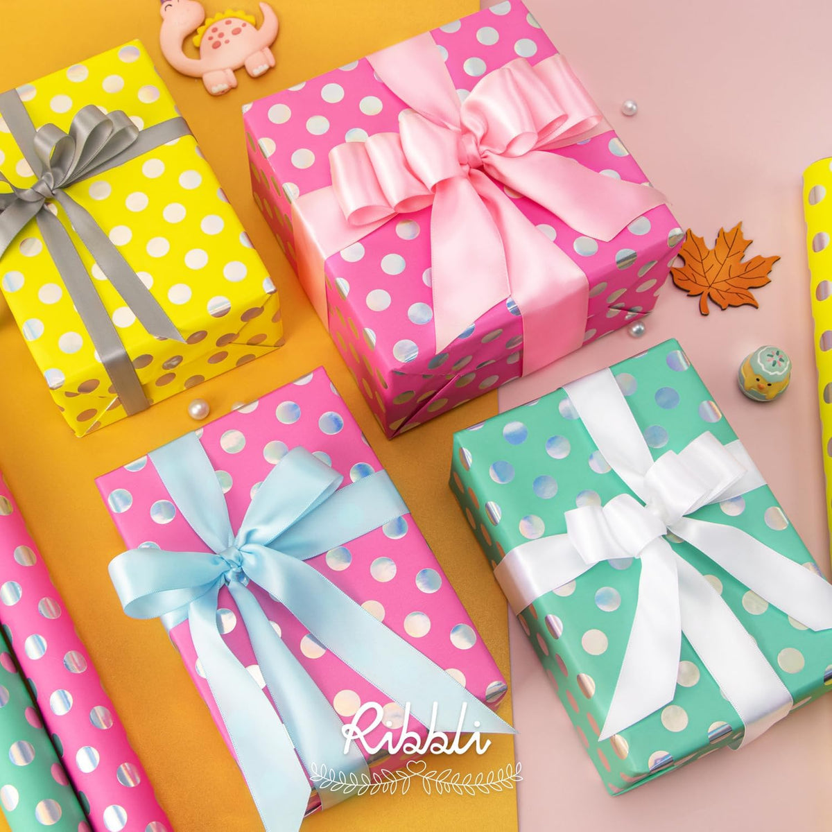 Ribbli Birthday Polka Dots Wrapping Paper Mini Roll, 3 Rolls Fluorescent Pink Aqua Yellow with