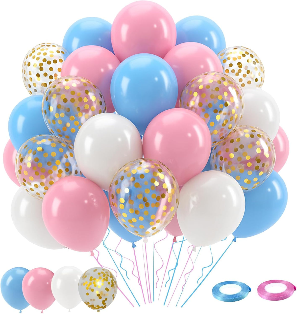 Patimate Gender Reveal Pink and Blue Balloons Set, 50 pcs 12 inch Pastel Blue Pink White Confetti