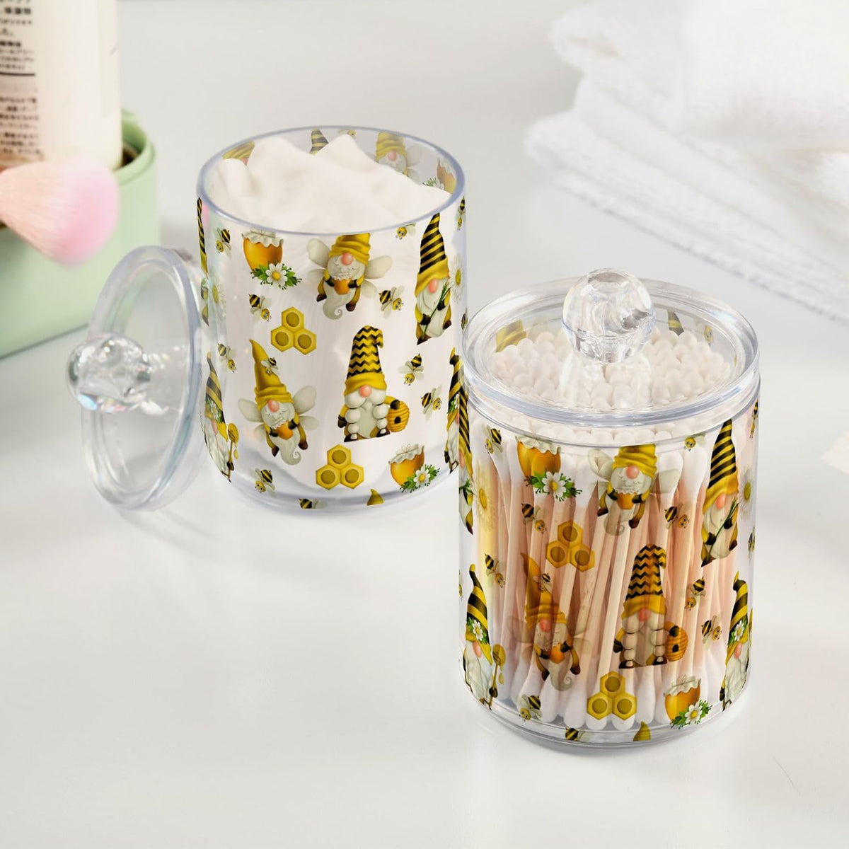 Qtip Holder Dispenser 2 Pack Gnome Bees Flying Dwarf Daisy Apothecary Jars with Lids Bathroom