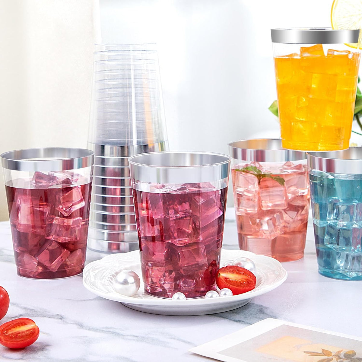 DaYammi 200 Pack Silver Plastic Cups 10 Oz Clear Plastic Cups Silver Rimmed Disposable Wine Glasses