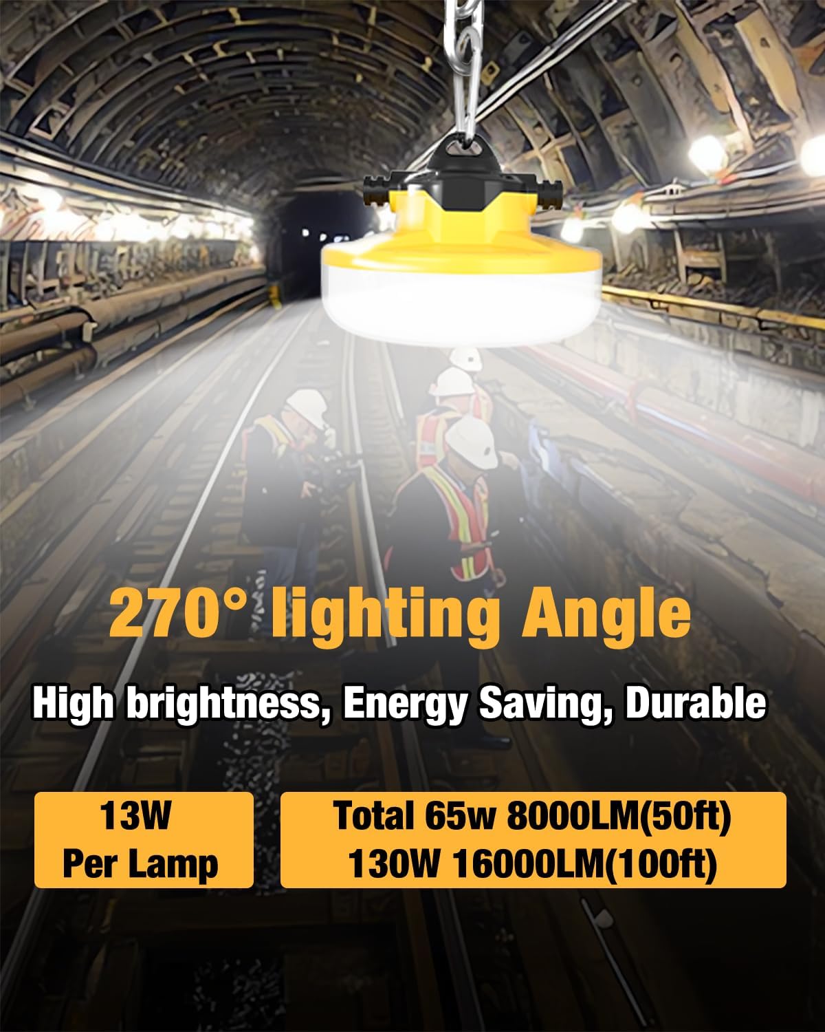 LED Construction String Light 100FT, 130W 16000Lm Industrial LED String Work Lights with 10 Bulbs