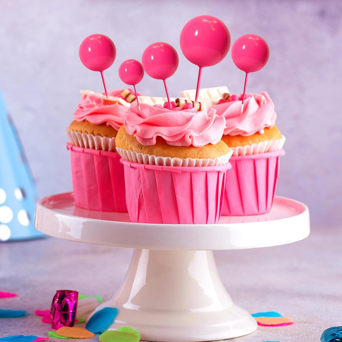 ASTARON 20 Pcs Ball Cake Topper Decorations Mini Balloons Cake Topper Sticks Hot Pink Balls Cake