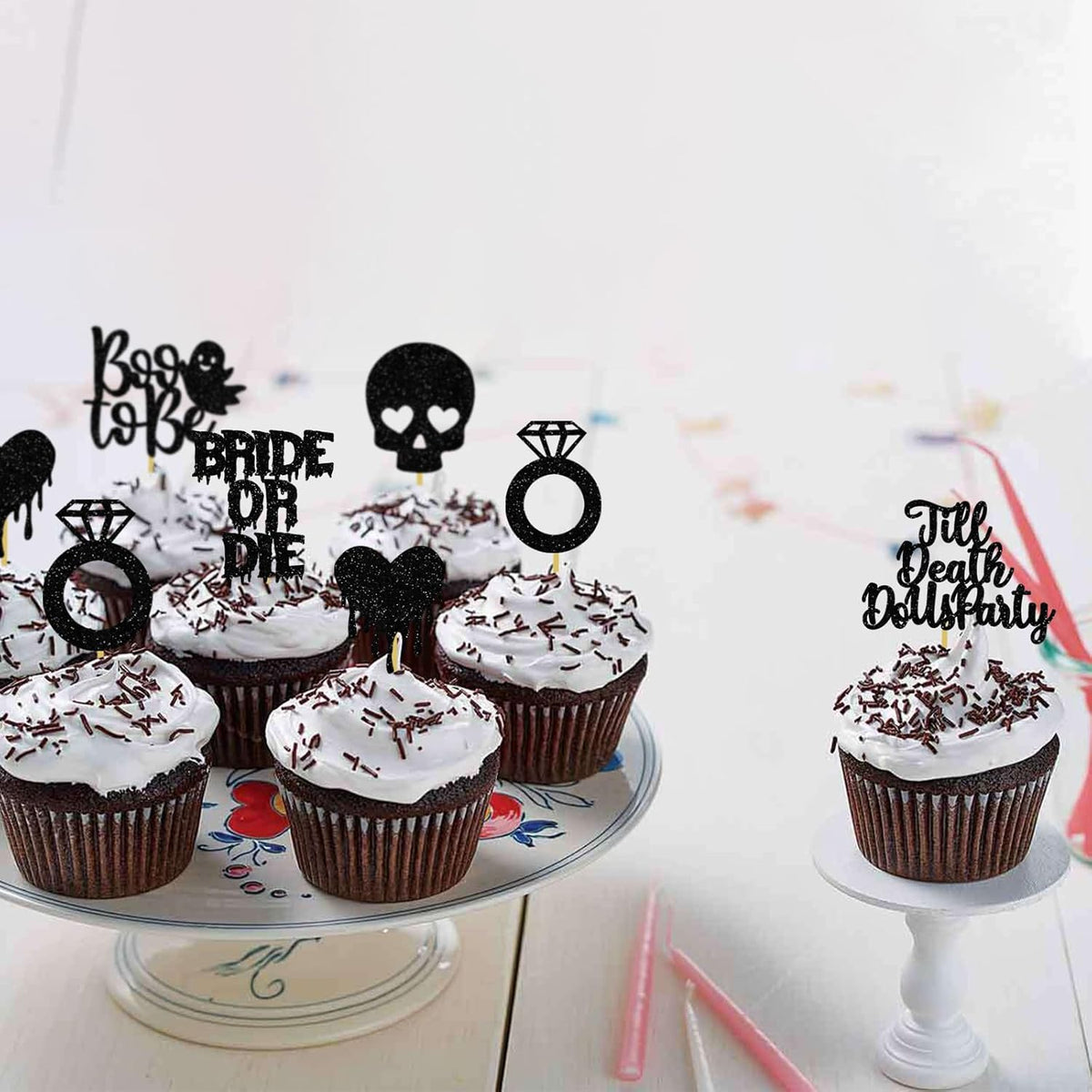 Halloween Bachelorette Cupcake Topper Boo To Be Ring Bride Or Die Skull Heart Blood Glitter Food