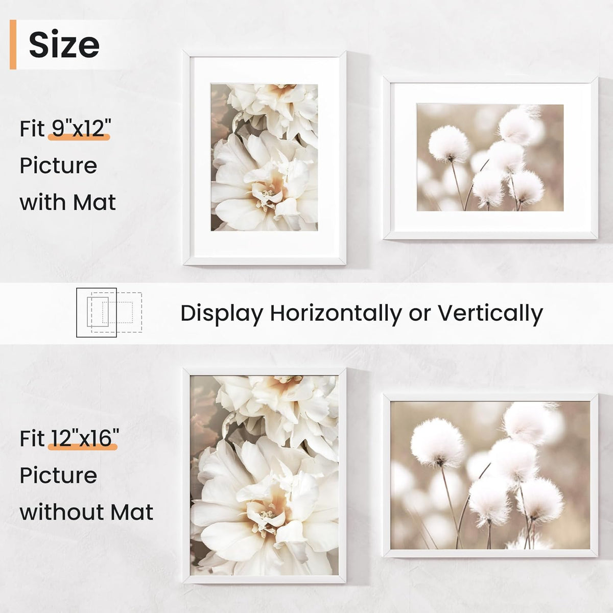 12x16 inch Picture Frame, 12x16 Photo Frames with 8.5x11 Removable Mat - High Definition Plexiglass