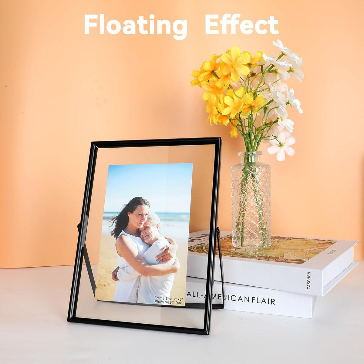 Black Floating Frame (6"x8", Vertical), For Picture 5x7, 4x6, 3x5, Tabletop Shelf Photo Frame