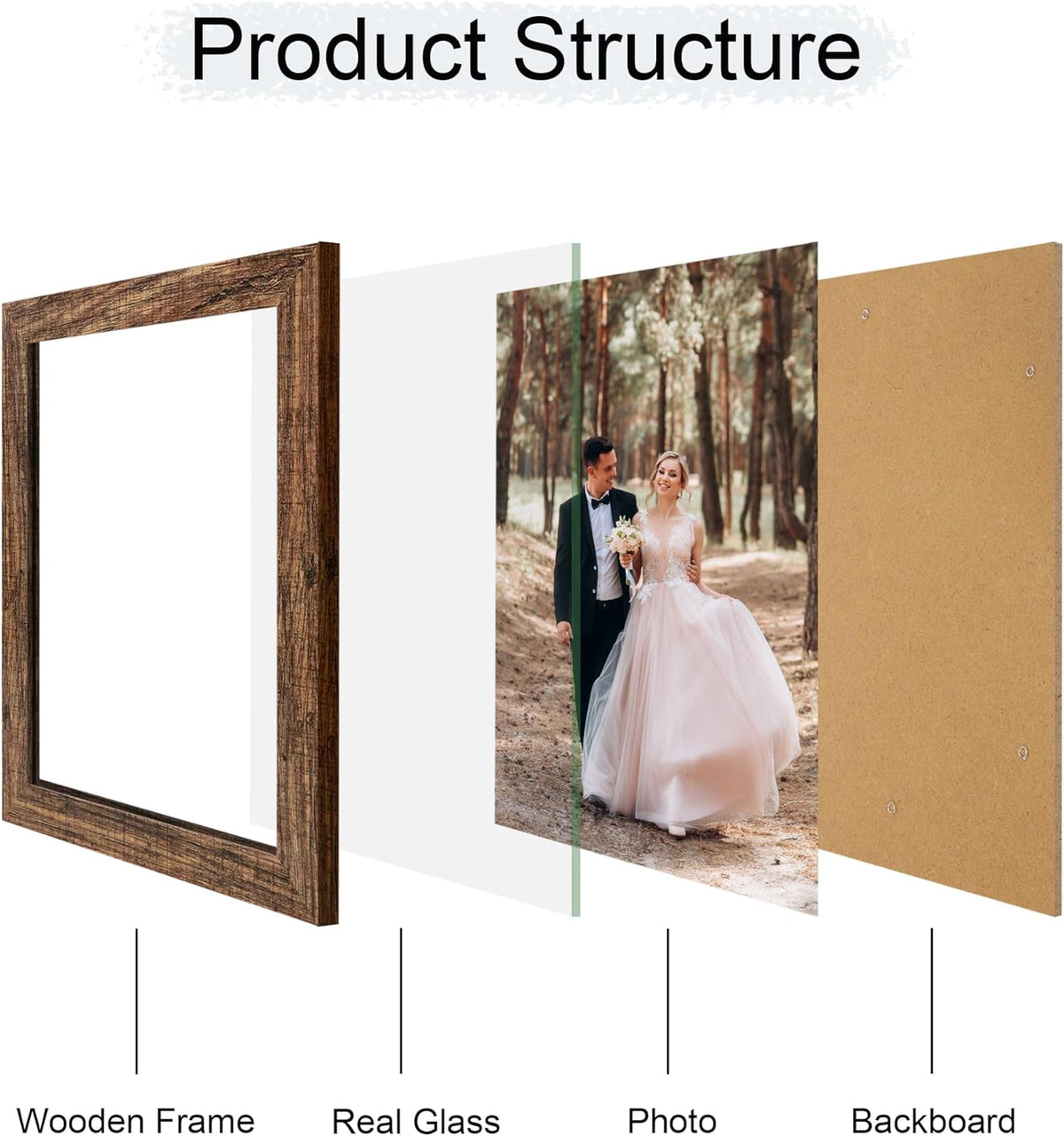 8x10 Picture Frame Set of 4, High Definition Glass Brown Frame, 8 x 10 Wood Rustic Picture Frames