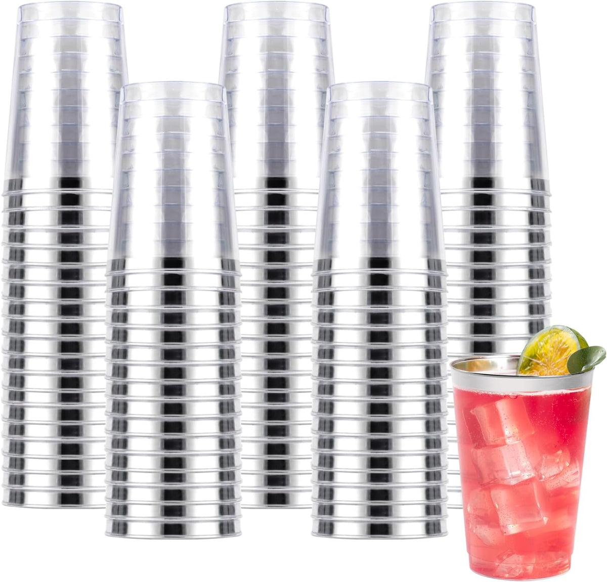 Goodluck 100PCS 10oz Plastic Cups for Party, Disposable Silver Plastic Cups, Cocktail Glasses for