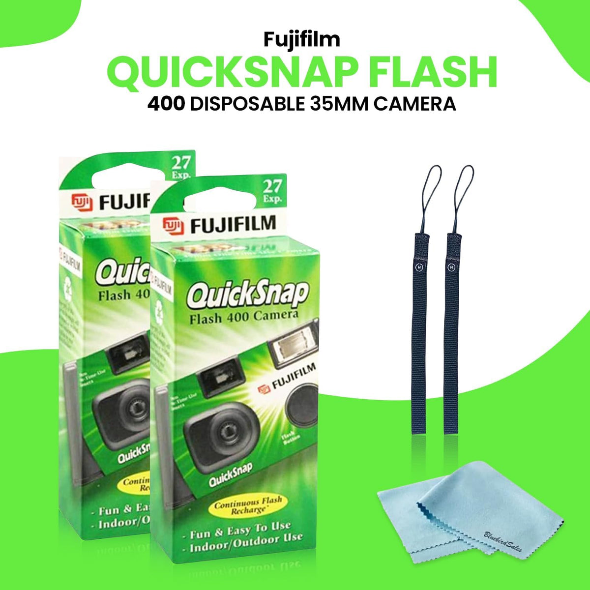 Fujifilm QuickSnap Flash 400 Disposable 35mm Camera • 2 Pack • 2 Hand Straps • BluebirdSales