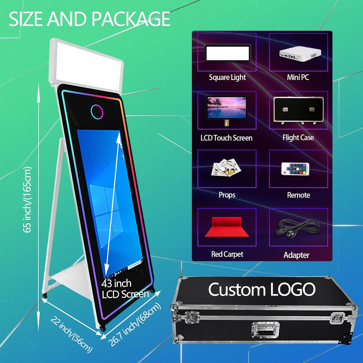 65''Magic Mirror Photo Booth Machine,Mirror Photo Booth 43''Touch Screen,Photo Booth with Flight