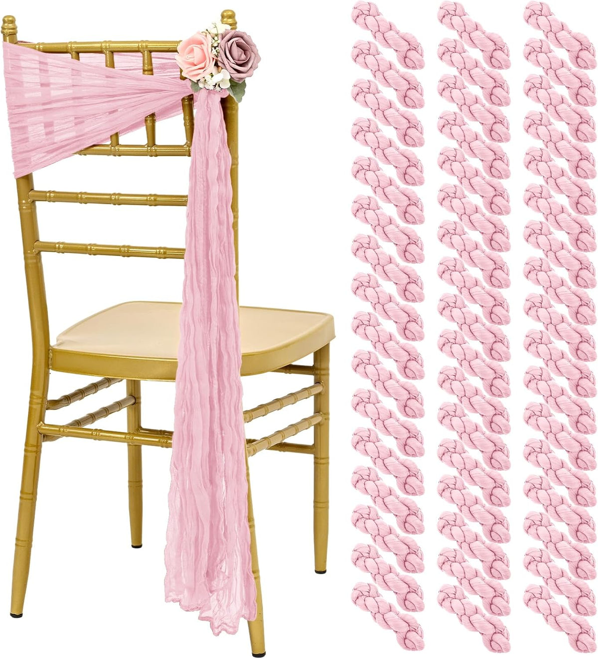50 PCS Cheesecloth Chair Sashes, Bows Designed ChairSashes, 15.7x108 inch Chair Sashes for Aisle
