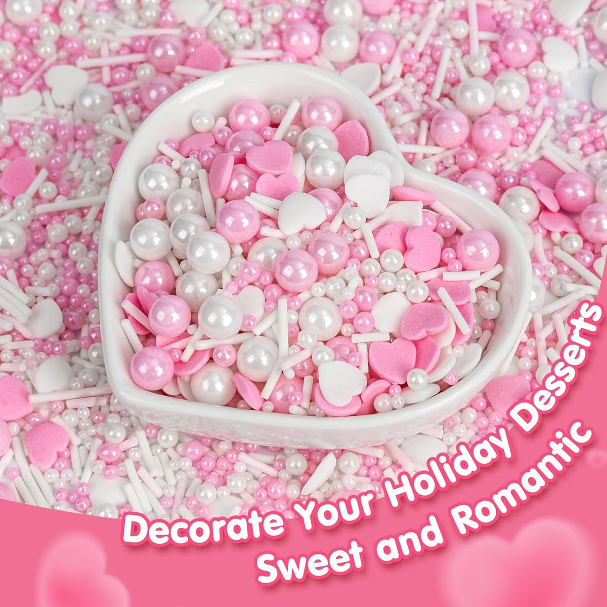 Edible Heart Sprinkles for Cake Decorating,White Pink Pearl Sugar Jimmies Mix Size