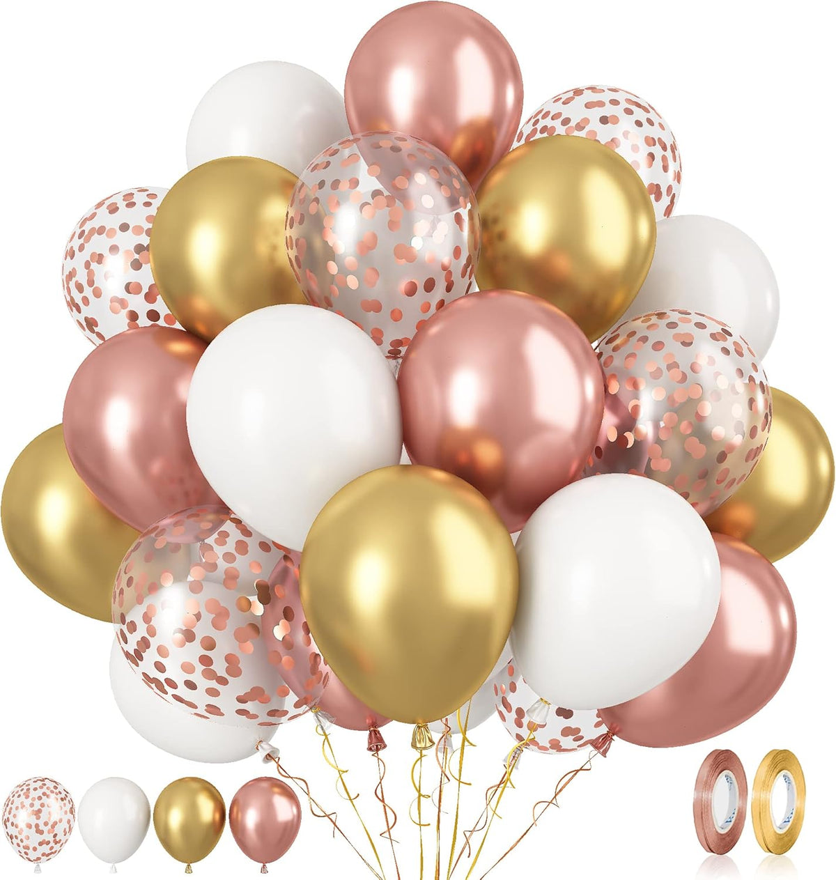 Paready Rose Gold and White Latex Balloons, 60 Pcs 12 Inch Metallic Gold Confetti Balloons with