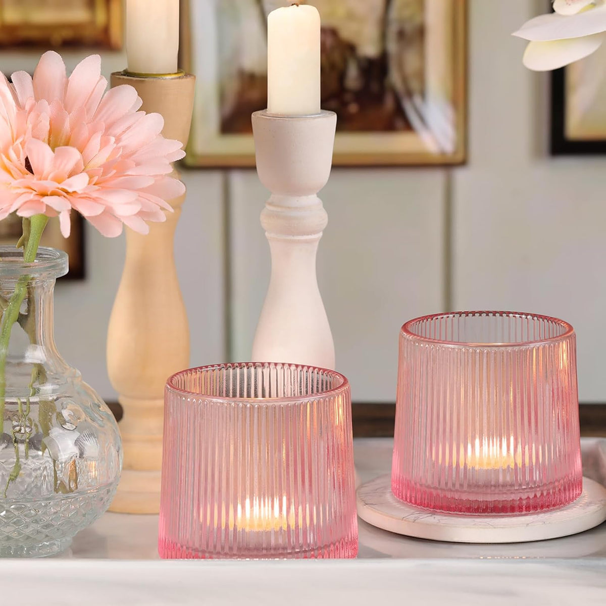 Pink Ribbed Tealight Votive Candle Holders- 6Pack Glass Candle Holders for Table Centerpiece, Home