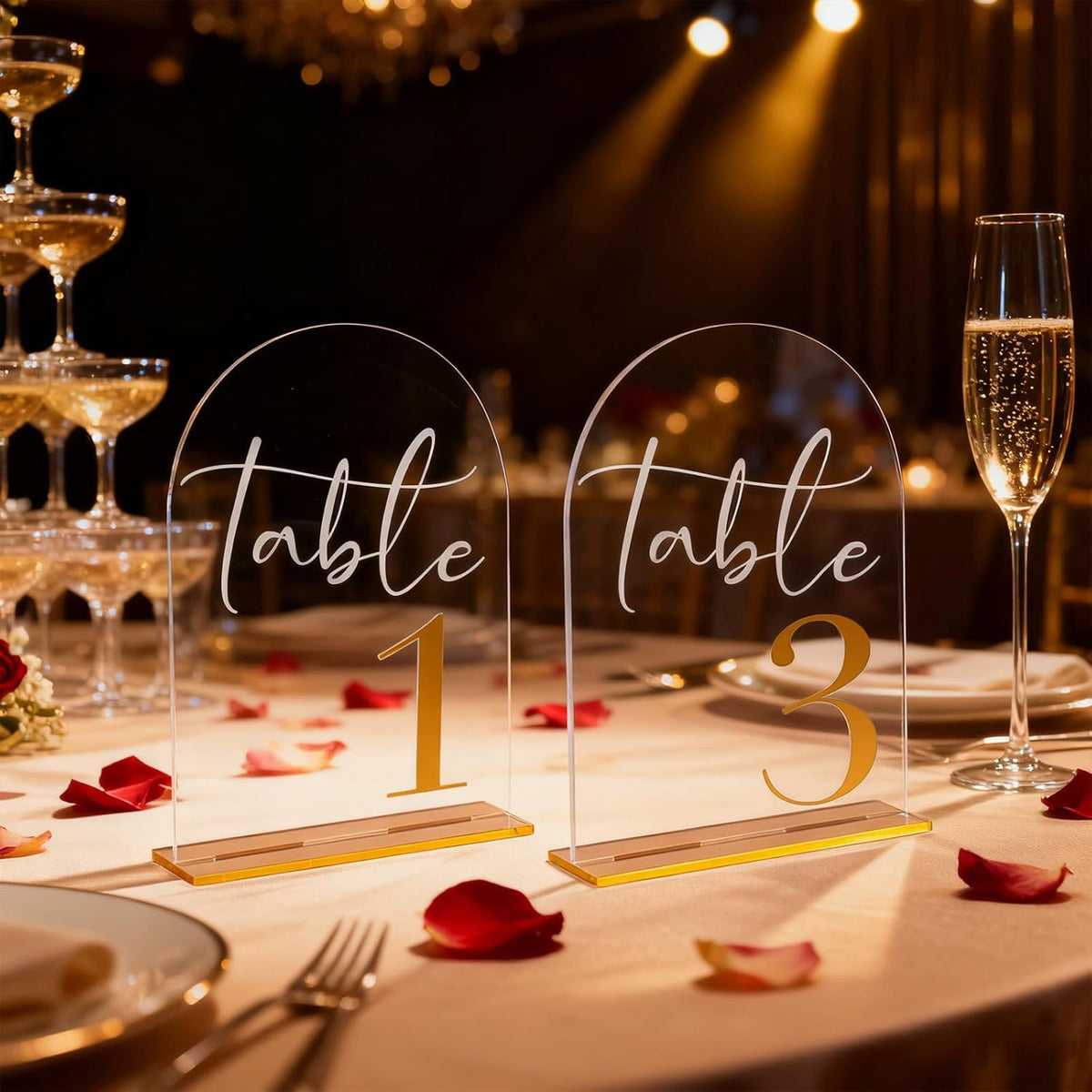 Wedding Table Numbers 1-20 with Stands, 5” x 7” Elegant Acrylic Display Signs with Golden Text