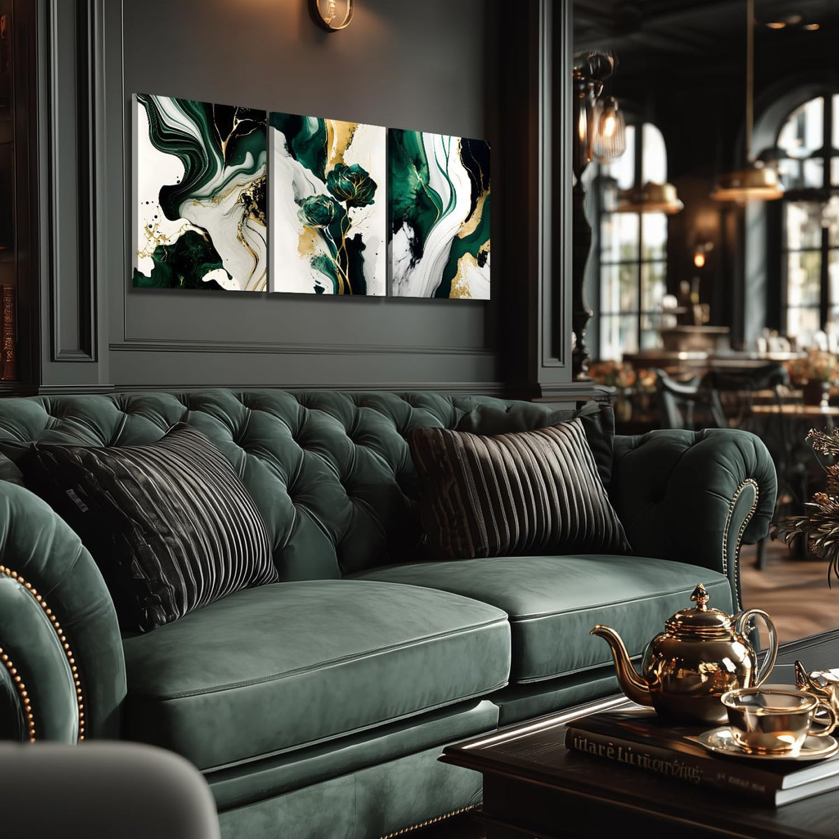 IAFWZX Framed Green Gold Abstract Wall Art, Emerald Marble Textured Wall Decor, Contemporary Line