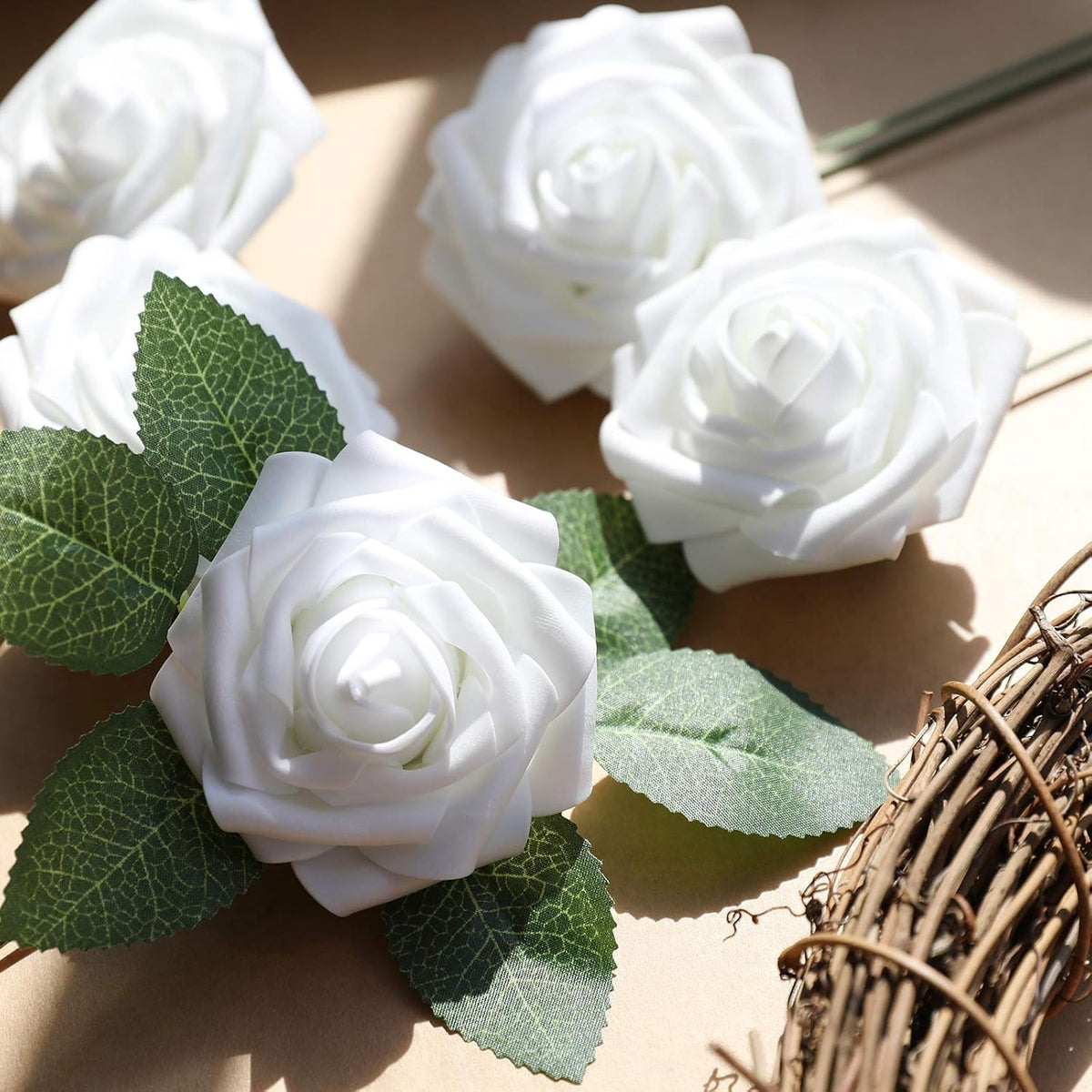 AmyHomie Artificial Flowers White Rose 100pcs Real Looking Fake Roses w/Stem for DIY Wedding