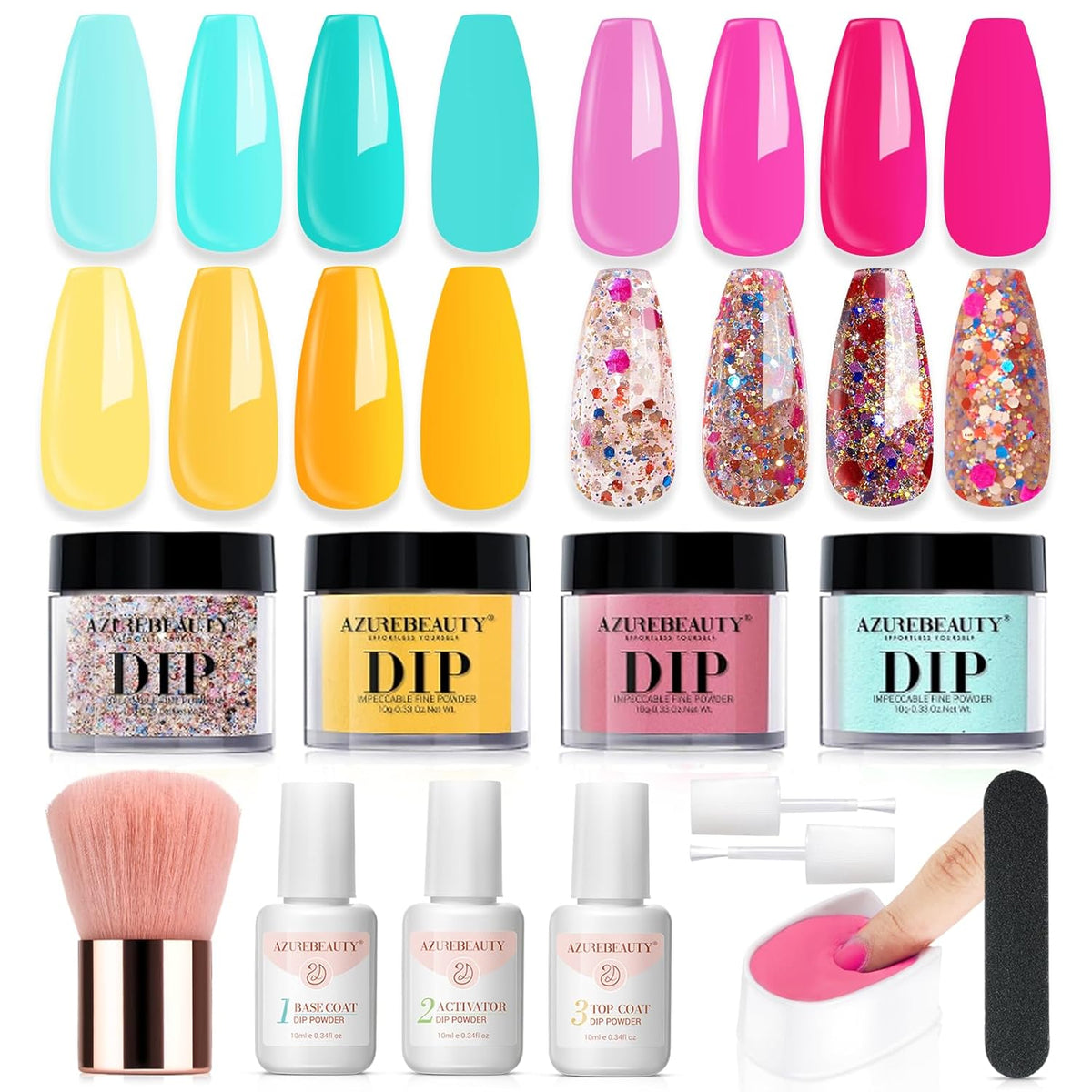 AZUREBEAUTY Dip Powder Nail Kit Starter, 4 Colors Pink Yellow Blue Glitter Dipping Powder Liquid