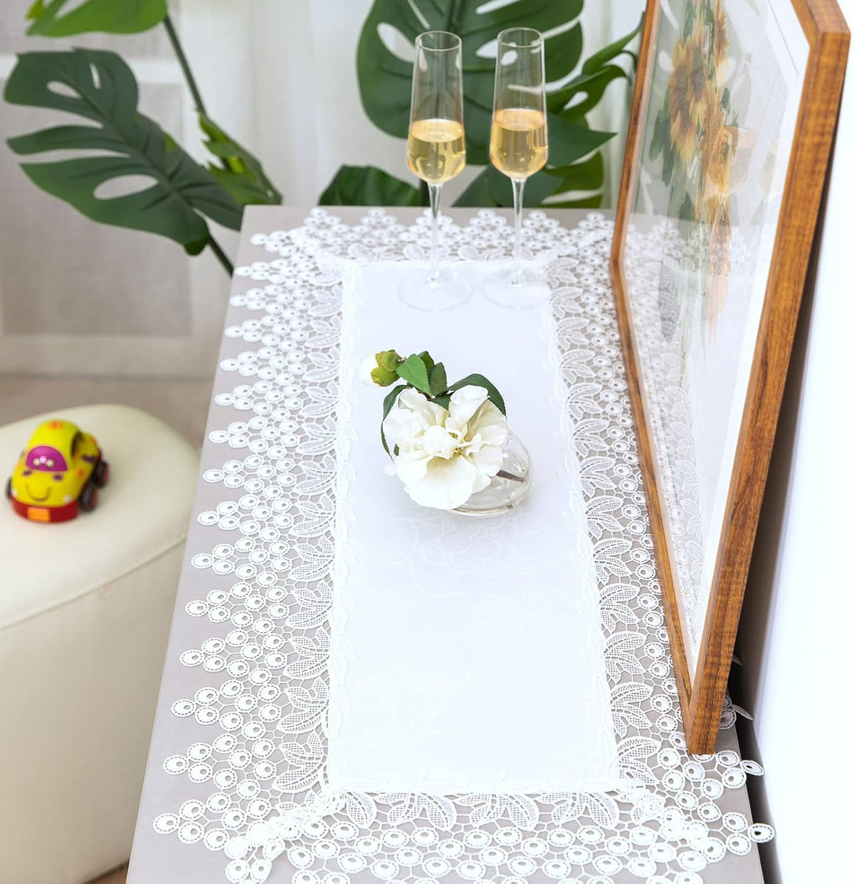 White lace Premium Rectangle Farmhouse Table Runner Waterproof OilProof SpillProof AntiShrink Soft