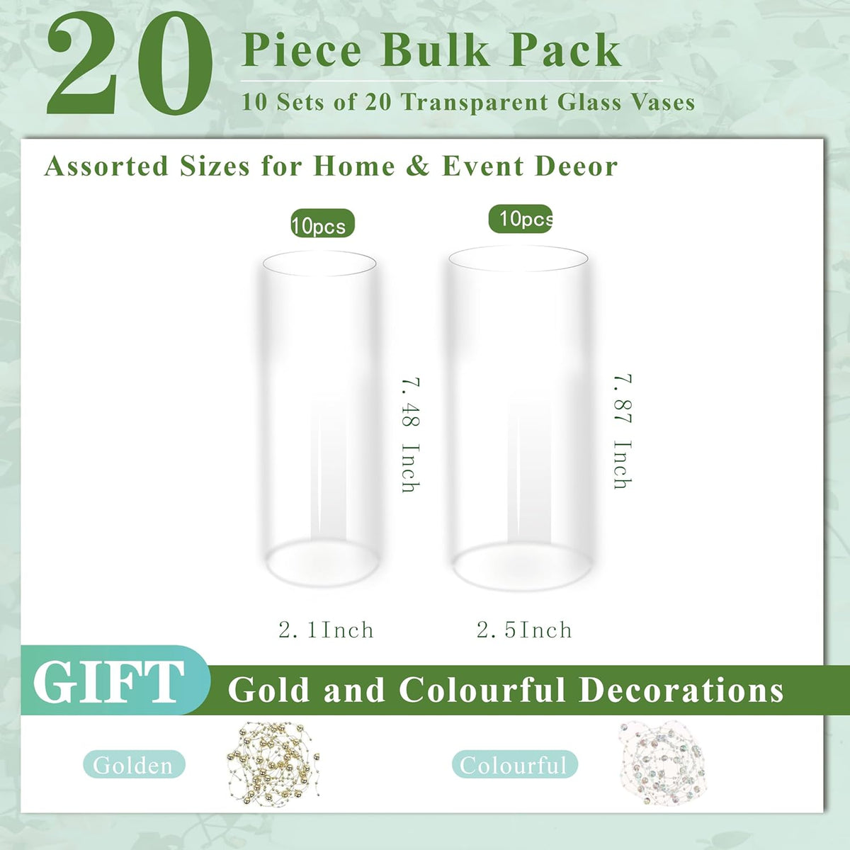 20 Pack Glass Cylinder Vase for Centerpieces, 7.48 and 7.87 inch Candle Flower Vase for Party