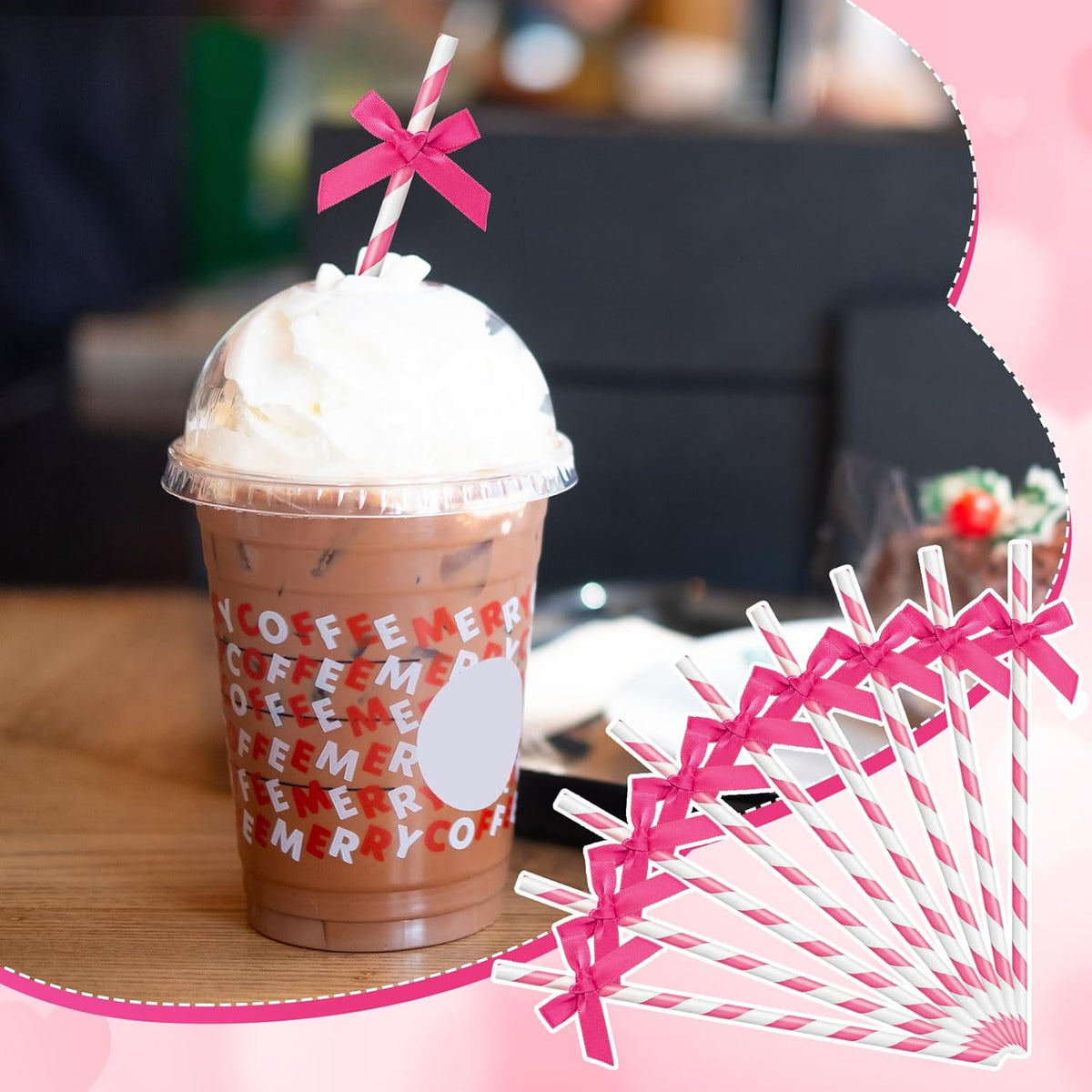 50 Pcs Rose Red Paper Straws for Drinking, Bow Disposable Striped Paper Straws Bulk Rose Red Theme