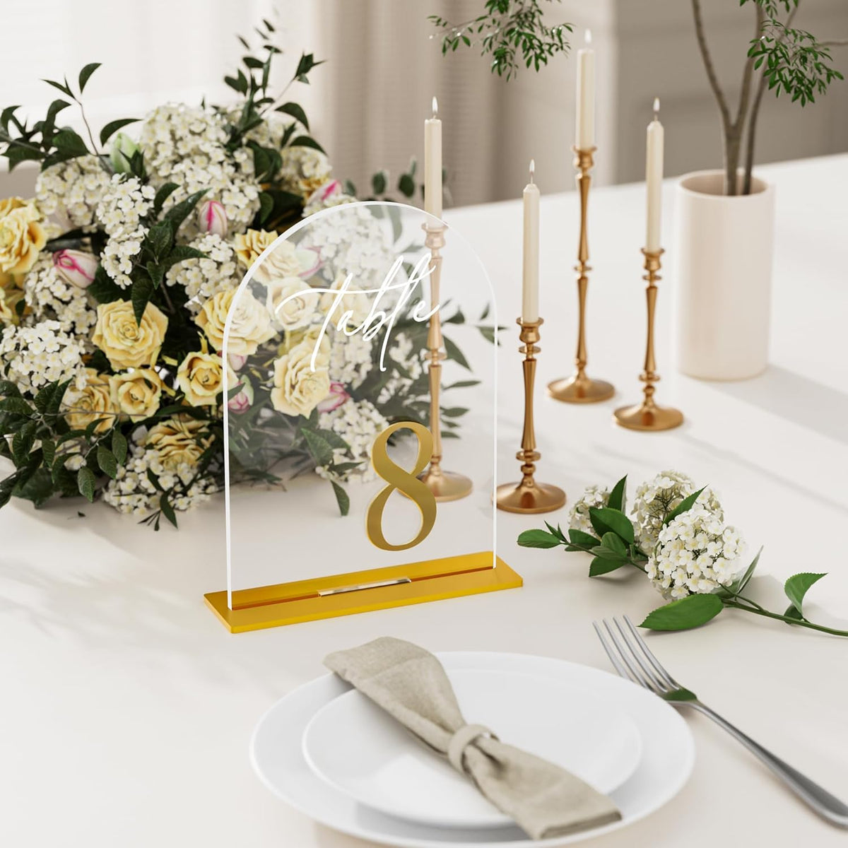 Arch Wedding Table Numbers 1-10 with Stands, Elegant Gold Number 5.5 x 7” Arch Acrylic Signs with