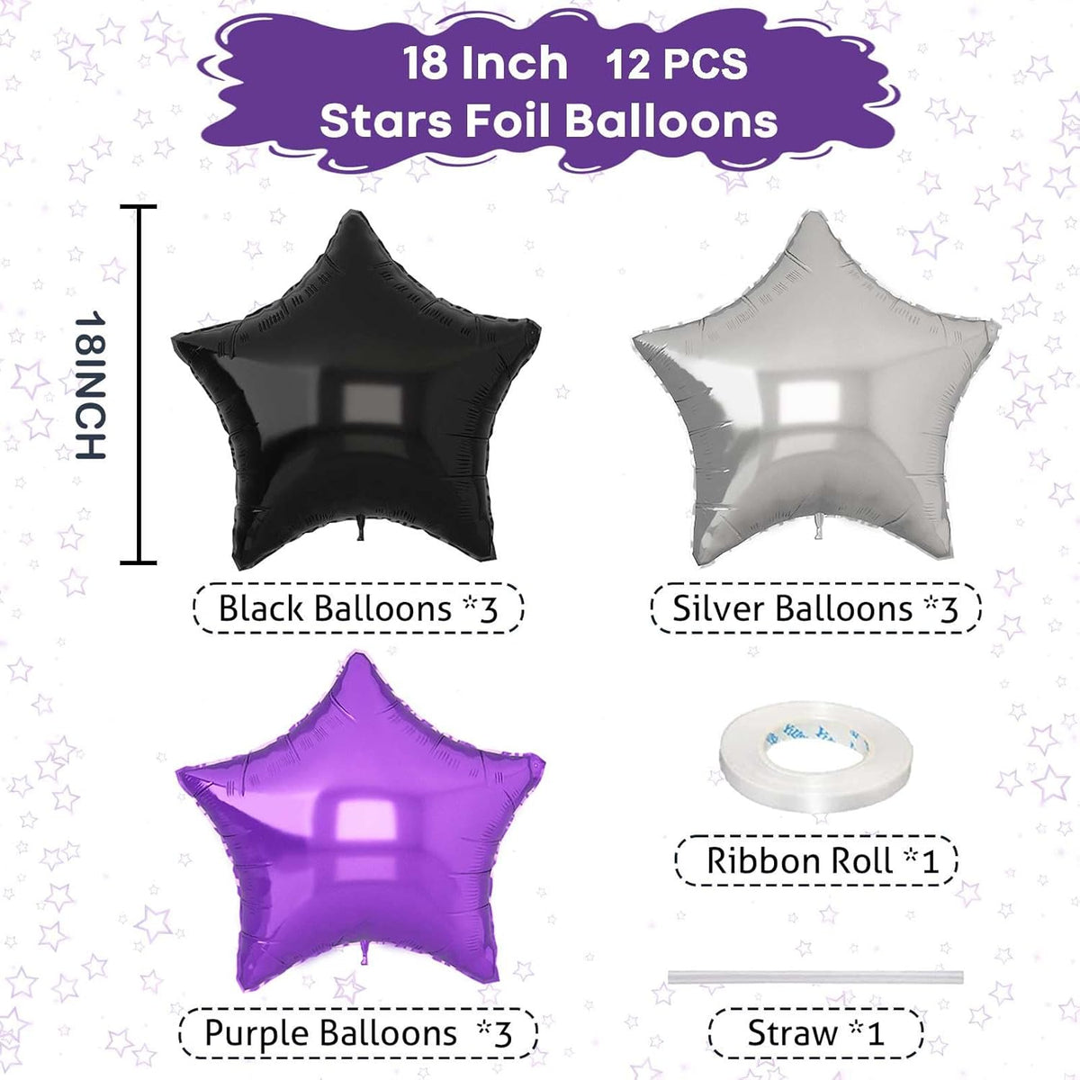 Purple Black Star Balloons 18Inch Lavender Purple Silver and Black Pentagram Foil Balloon 12Pcs