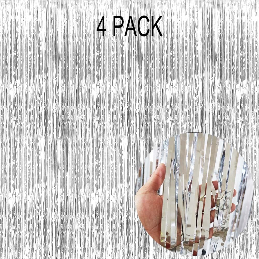 4 Pack Silver Foil Fringe Curtain - Silver Tinsel Streamer Backdrop Curtains for Birthday Party