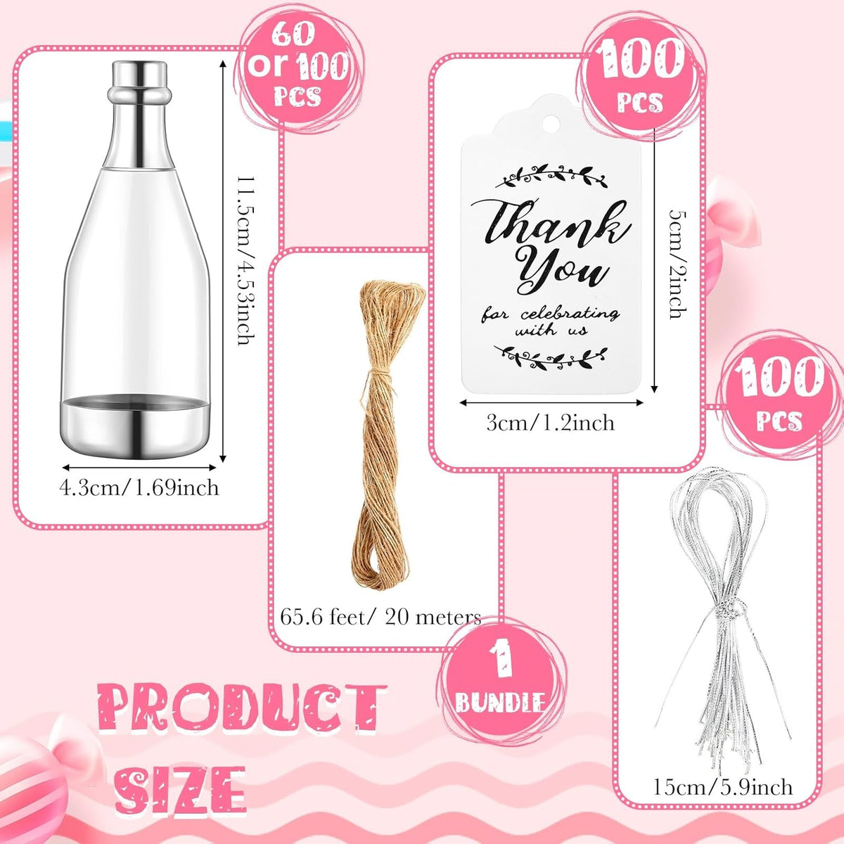 Gerrii 100 Pcs Silver Champagne Bottle Container Set, Mini Champagne Candy Bottles Plastic DIY