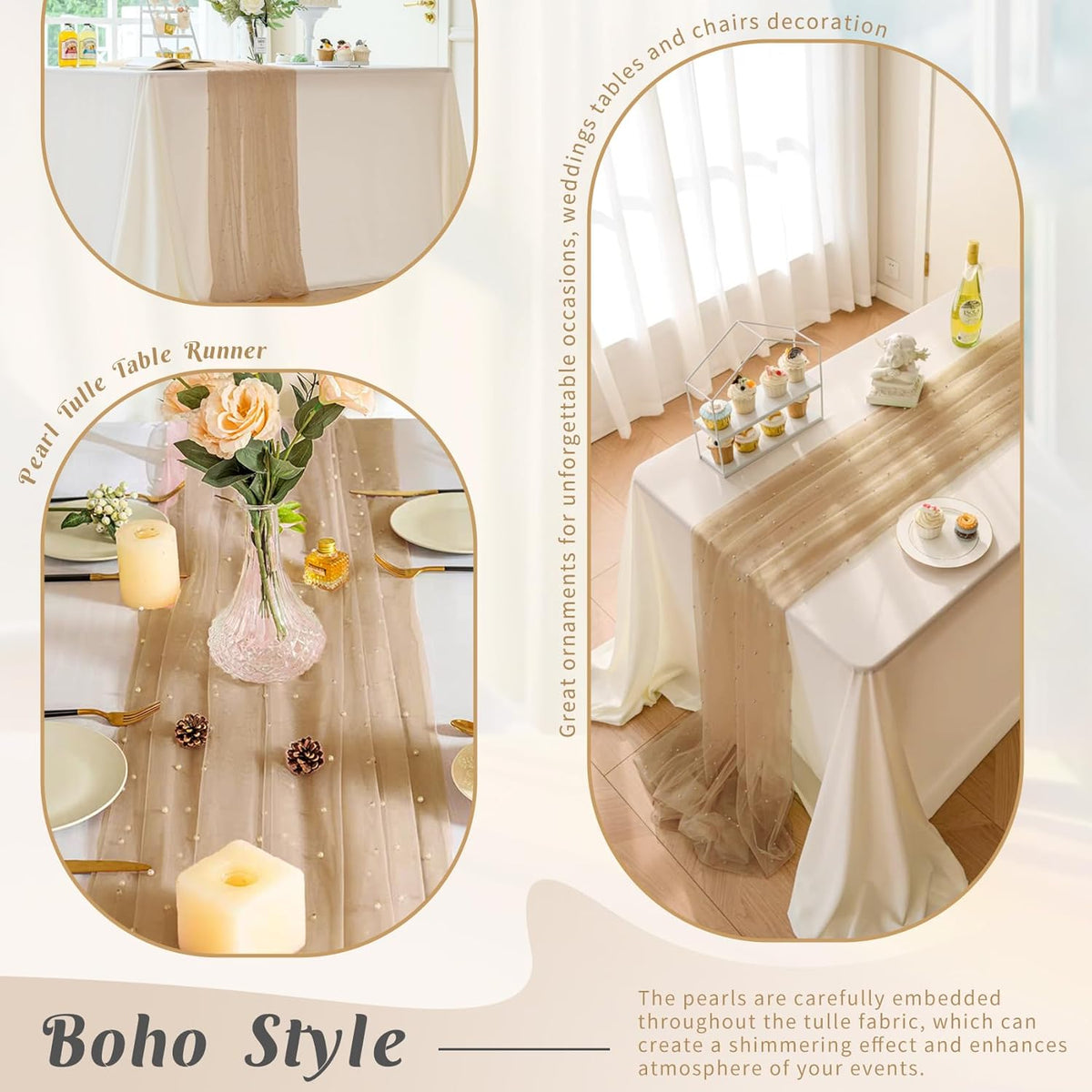 Pearl Table Runner 29 x 120 Inch Tulle Fabric Lace Table Runners Boho Rustic Tablecloth for Bridal