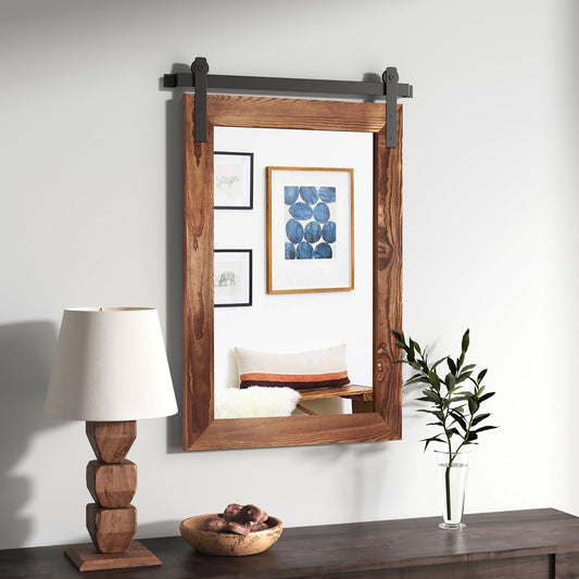 COGOOD Farmhouse Barn Door Wall Mirror - 25" X 38" Rustic Wood Framed Mirror for Bathroom, Living