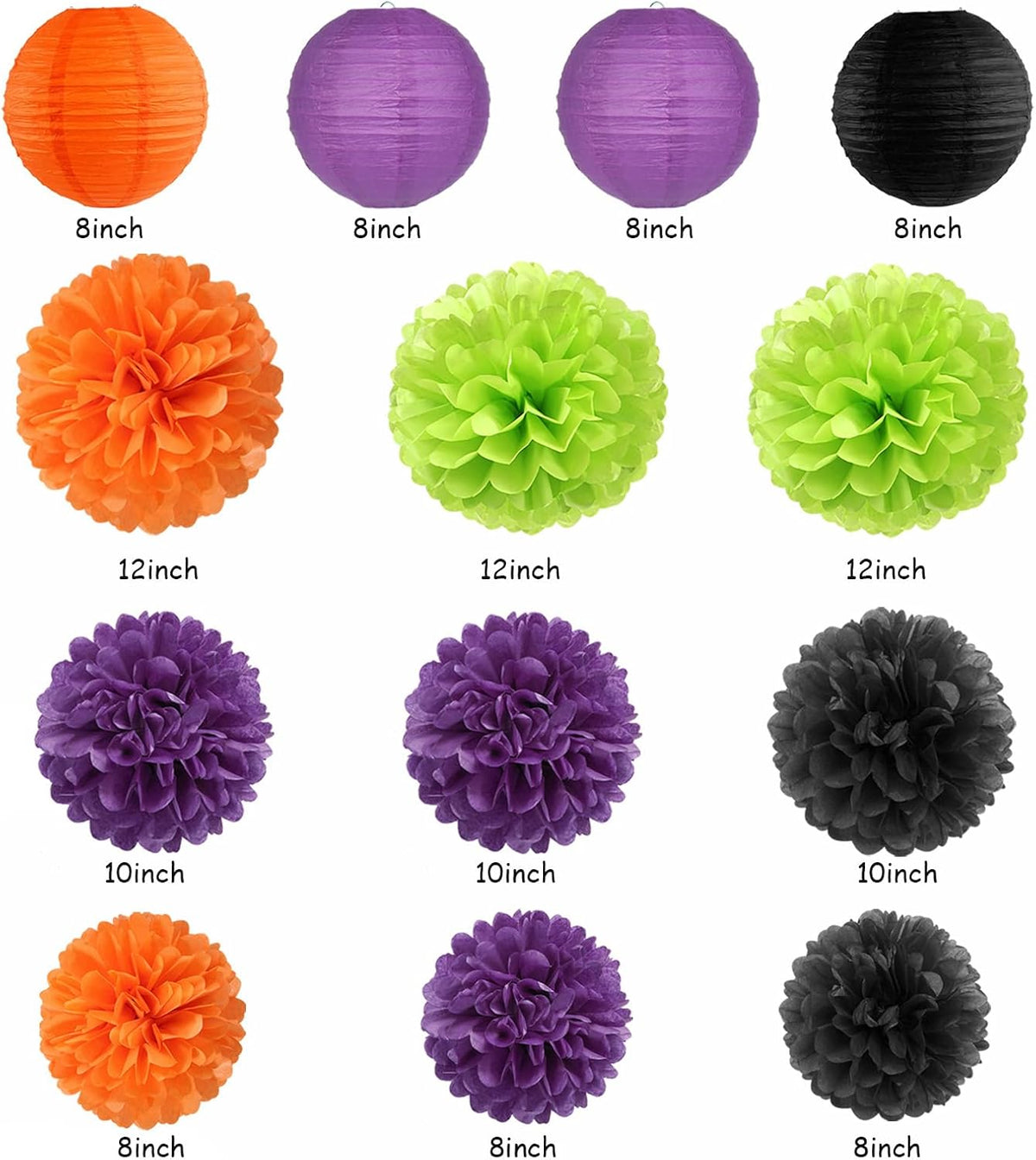 Black Purple Orange-Green Halloween Party-Decorations - 20pcs Paper Lanterns Fans,Tissue Pom