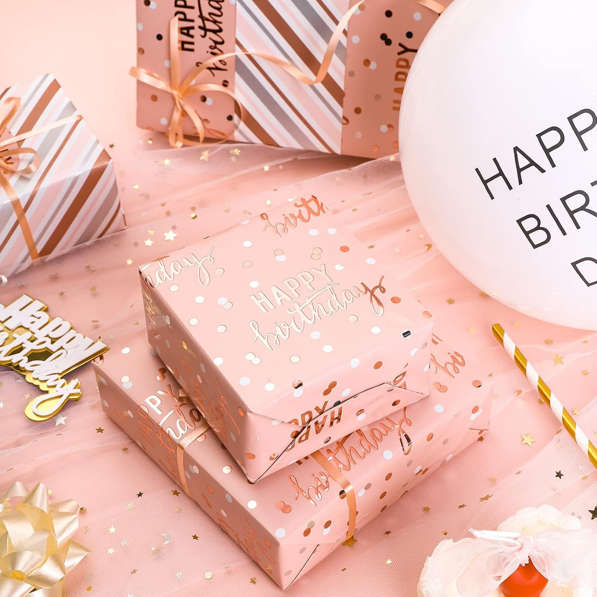 LeZakaa Reversible Pink Birthday Wrapping Paper Roll for Girls Women, Happy Birthday Lettering &