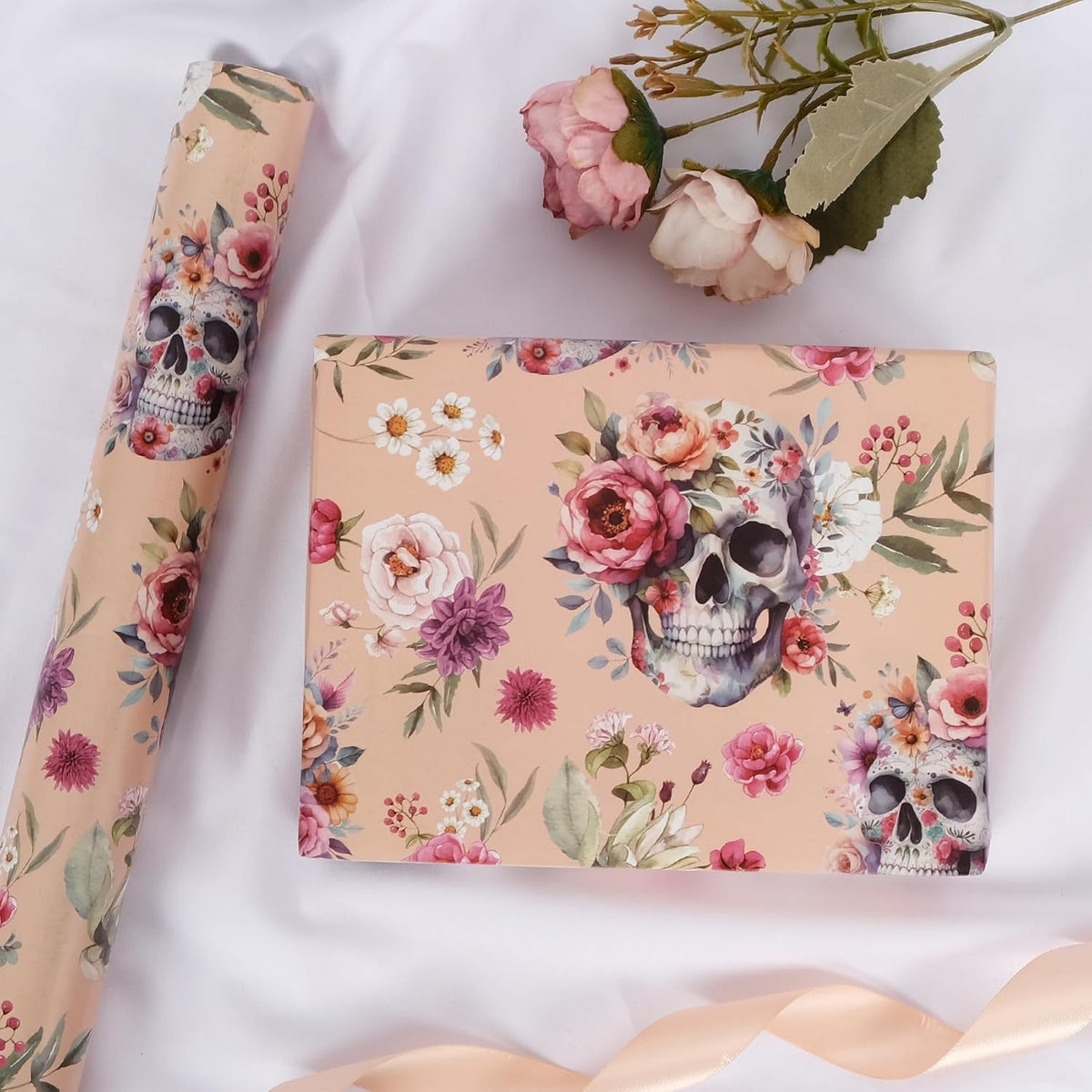 Aimyoo Gothic Wrapping Paper Roll, 17 Inch X 16.5 Fee Skull Floral Berry Design Gift Wrap Paper for