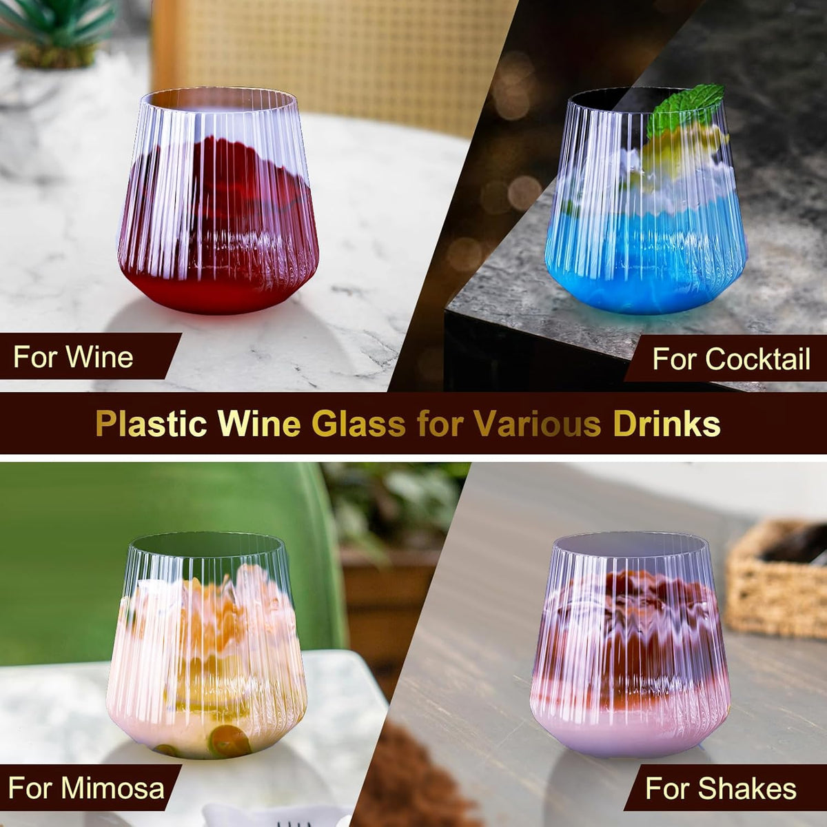 40 Pack Plastic Ribbed Wine Glasses, 14Oz Origami Disposable Wine Glasses Unbreakable Clear Plastic