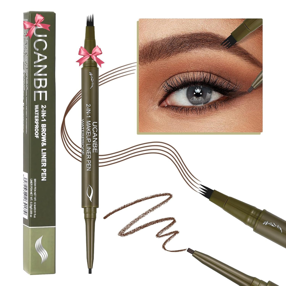 UCANBE Eyebrow Pen, Dual-Ended Eyebrow Pencil with 4-Fork-Tip & Gel Eyeliner for Women, Eye Brow