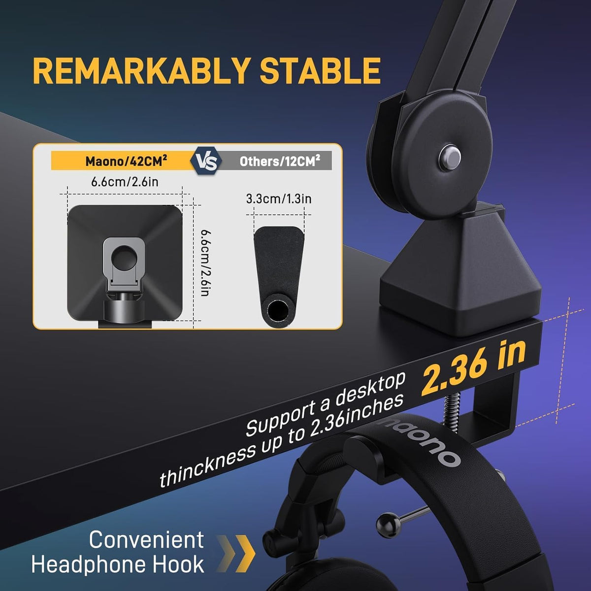 MAONO Microphone Boom Arm: Heavy Duty Adjustable Metal Suspension mic stand with Upgraded Desk