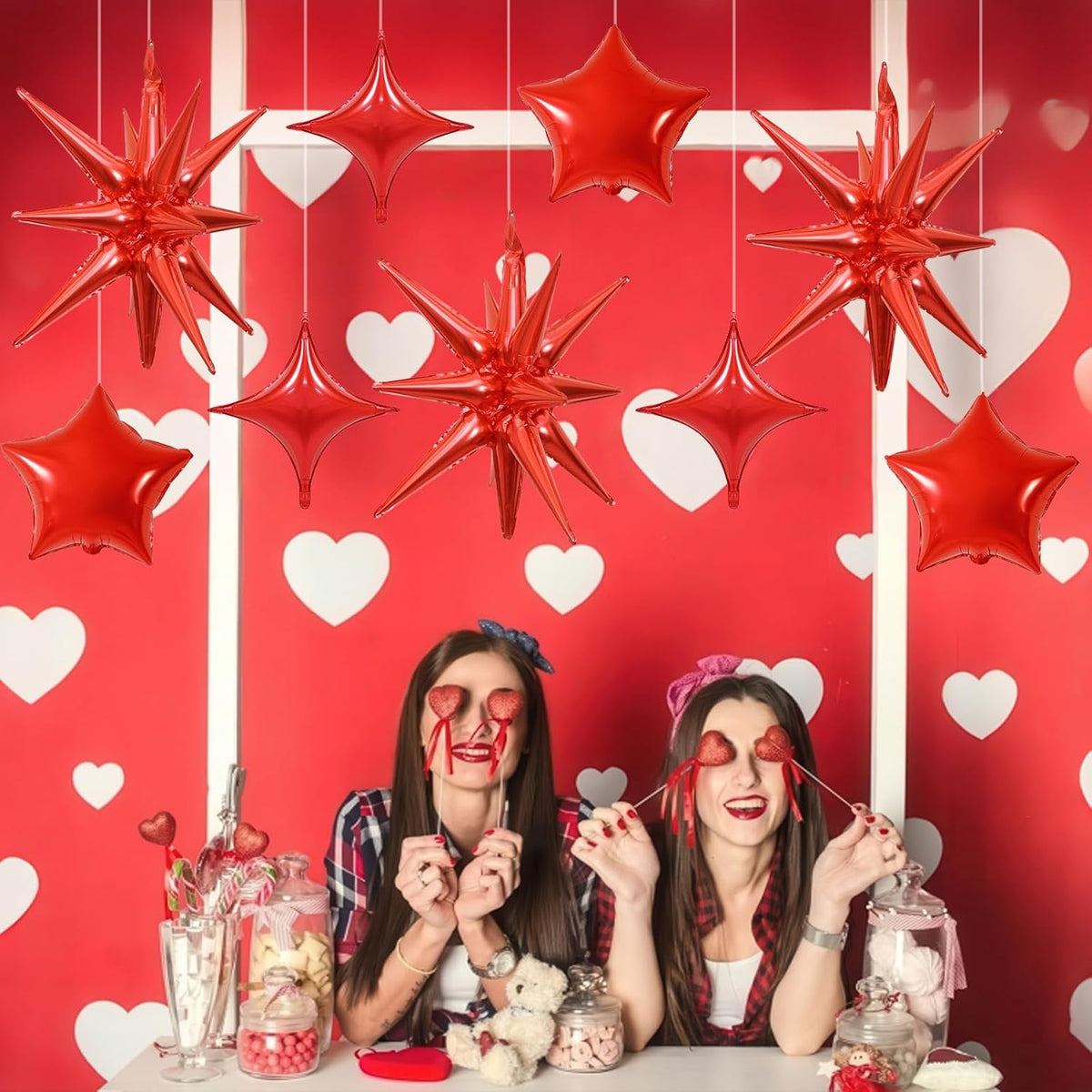 Red Star Balloons, 22in Large Star Balloons Foil 10in 4-Pointed & Red Pentagram Balloon for