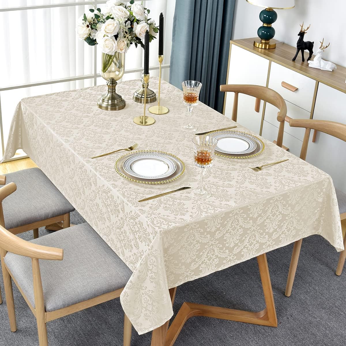 SASTYBALE Jacquard Tablecloth Rectangle 60 x 102 Inch Beige, Spill Proof Washable Damask Table