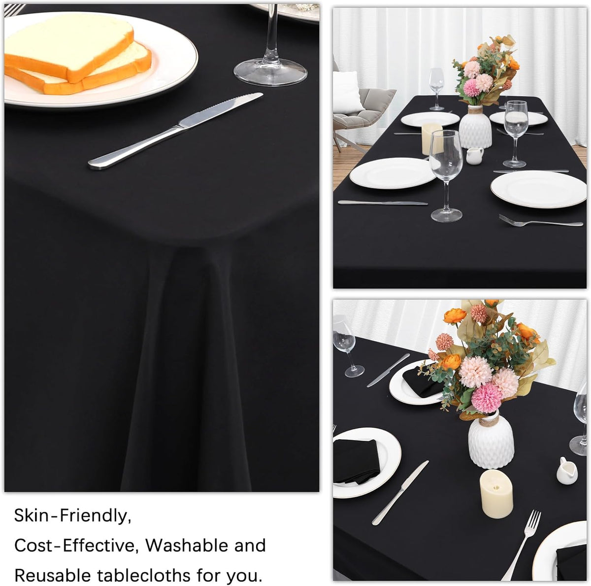 8 Pack Black Tablecloths 60 x 84 Inch Rectangular Table Cloths for Rectangle Tables 4ft, Wrinkle