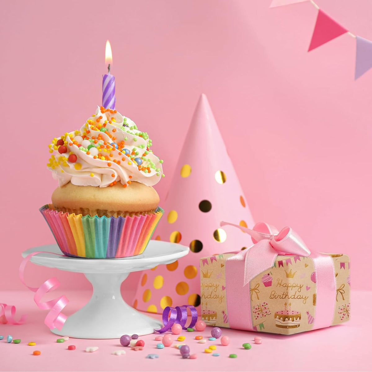 Aimyoo Birthday Wrapping Paper Roll - 17 Inch X 32.8 Feet - Gold Foil Celebration Cake, Gift