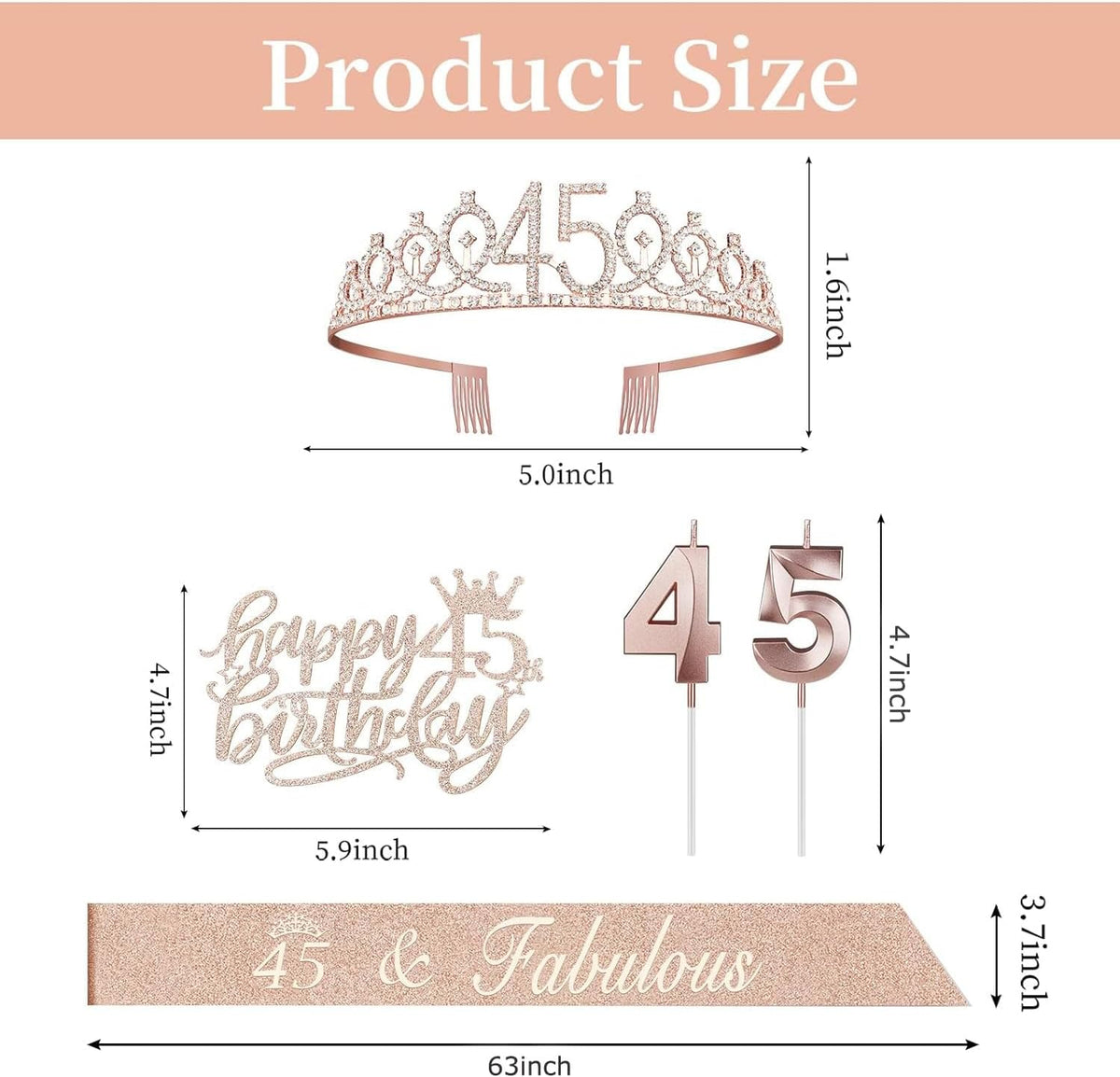 45 Birthday Decorations for Women Including Birthday Sash and Tiara, Cake Topper and Candles, 45