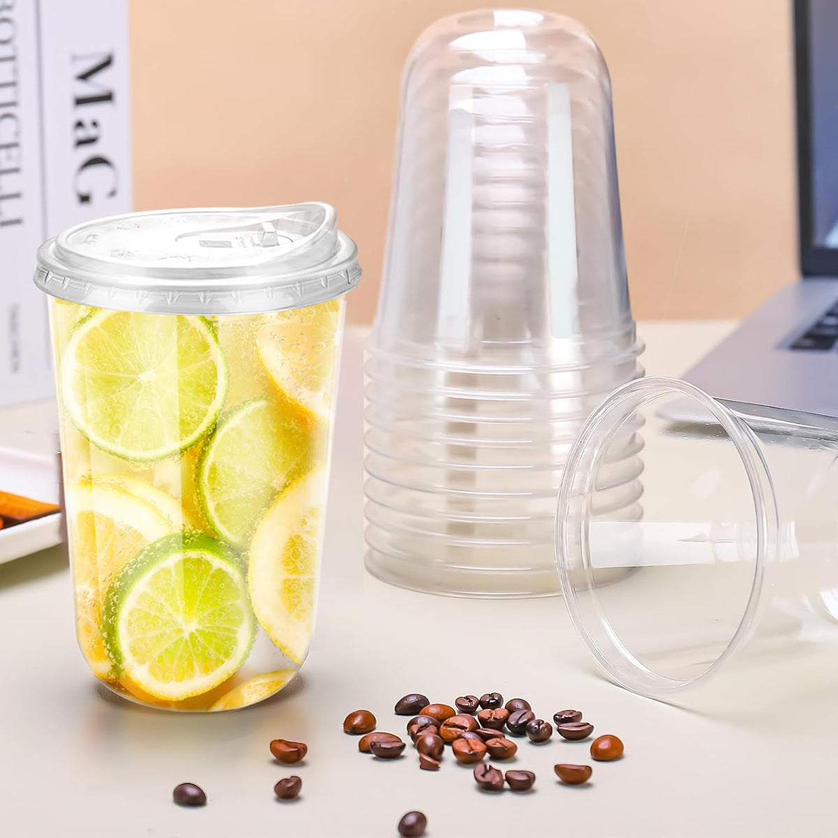 16oz Disposable Stemless Glasses With Strawless Sip Lids,PET Disposable Drinking Cups,Clear Plastic