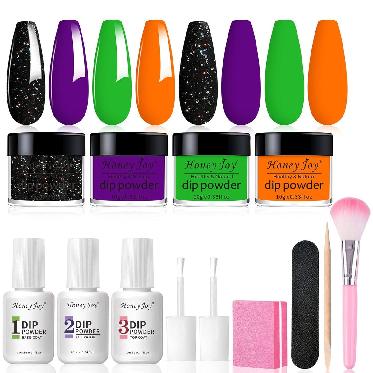 Honey Joy Dip Powder Nail Kit Starter, 4 Colors Halloween Witch Black Pumpkin Orange Mystic Purple