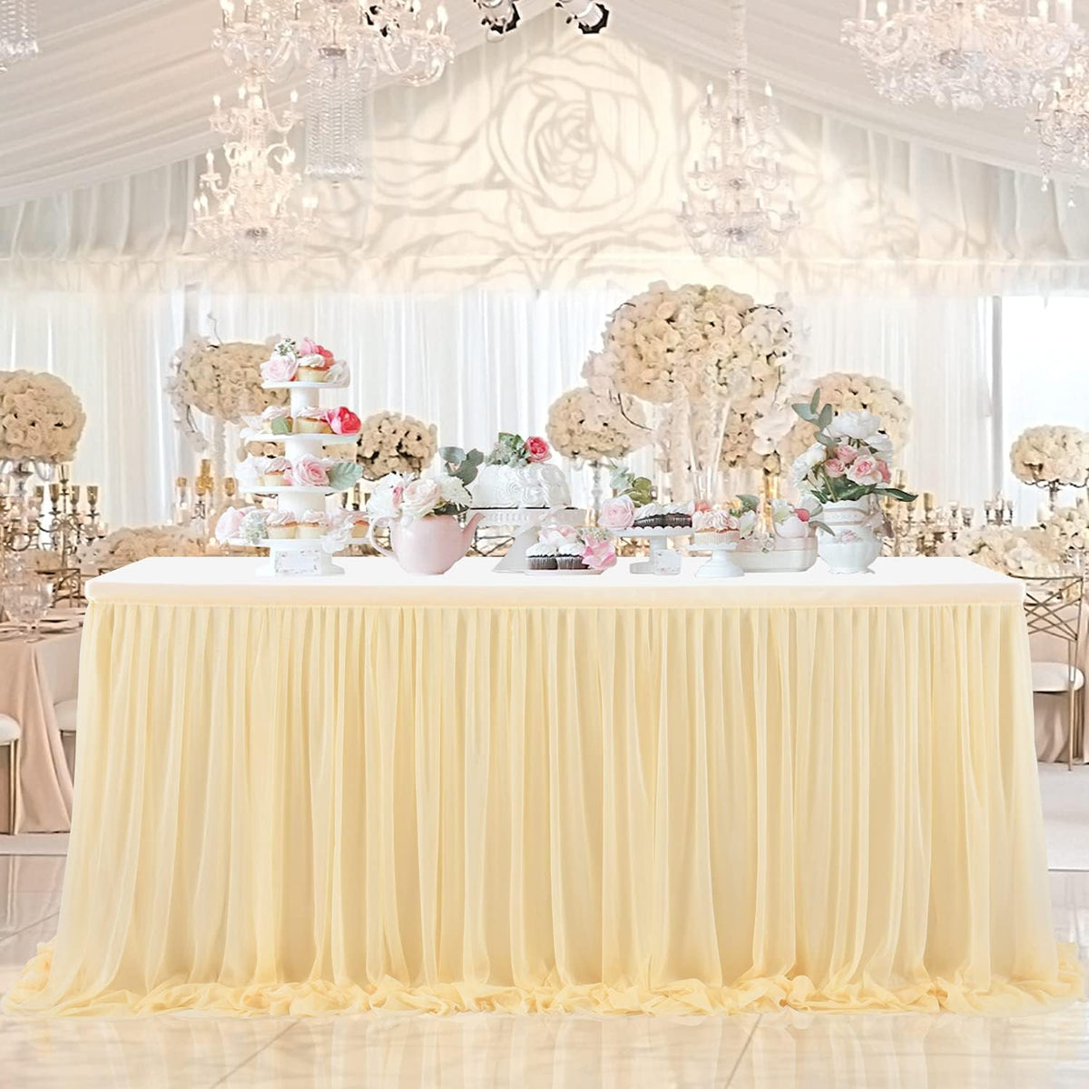 9ft Champagne Table Skirt for Weddings Table Cloth Elegant Tutu Table Skirt Cover for Birthday