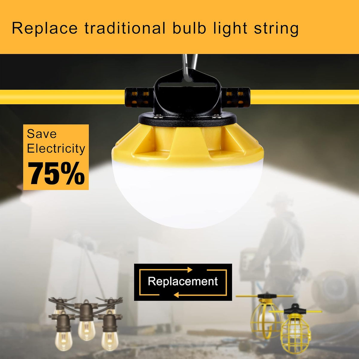 100FT Construction String Lights, IP65 Waterproof ETL Certified LED String Work Lights, 5000K