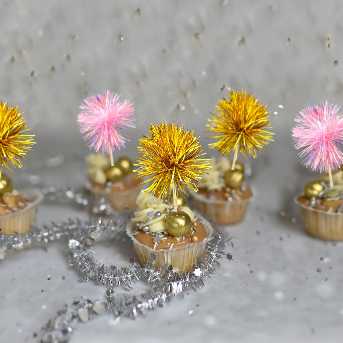 Gyufise 30Pcs Foil Firework Cupcake Toppers Sparkle Tinsel Cake Toppers Tinsel Drink Cake