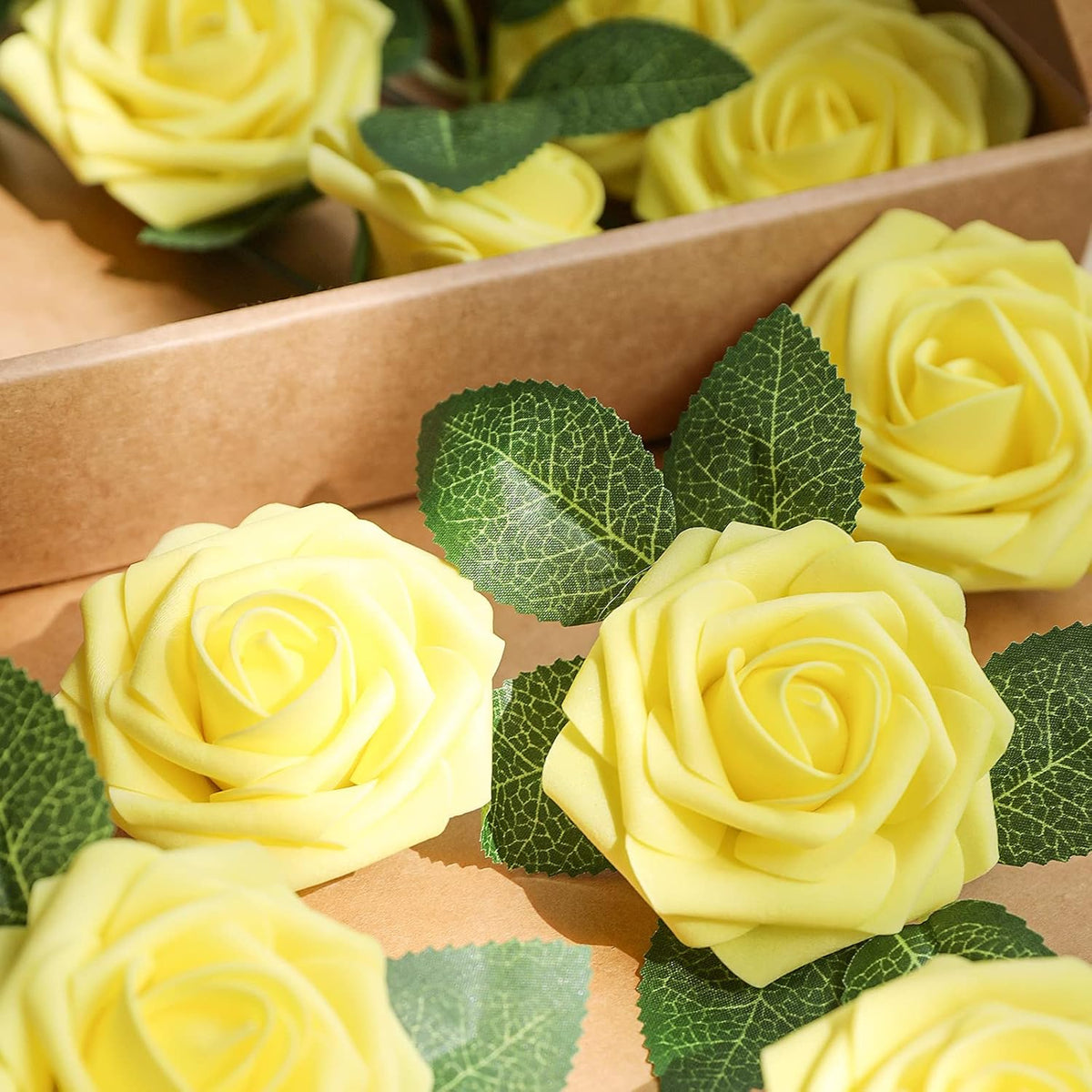 AmyHomie Artificial Flower Yellow Rose 25pcs Real Looking Fake Roses w/Stem for DIY Wedding