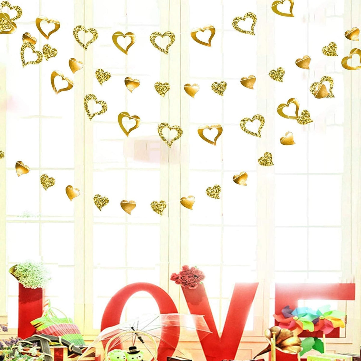 Cheerland Gold Heart Garland Romantic Decorations Paper Streamers Hanging for Mother’s Day Best Mom