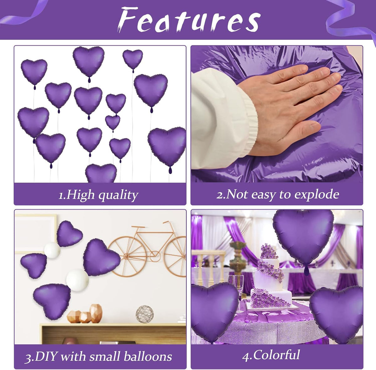 Purple Heart Balloon, 10PCS Purple Foil Heart Balloons, 18inch Metallic Purple Heart Shape Foil