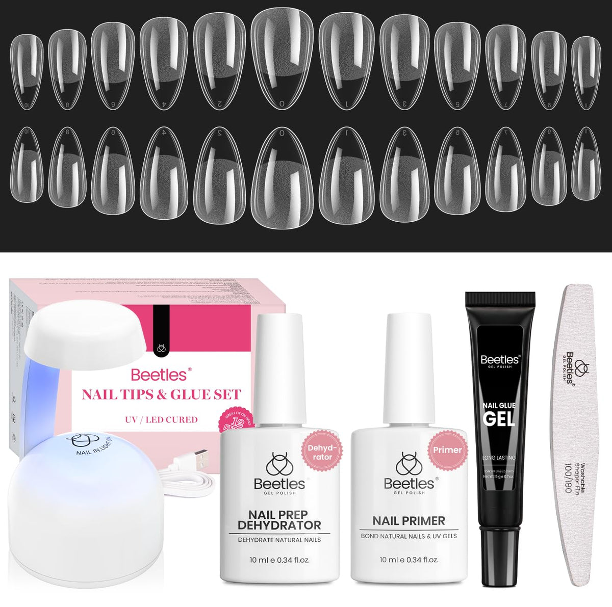 Beetles Gel Nail Kit Short Almond with Nail Dehydrator and Primer, 576Pcs Half Matte Etch-X Gel